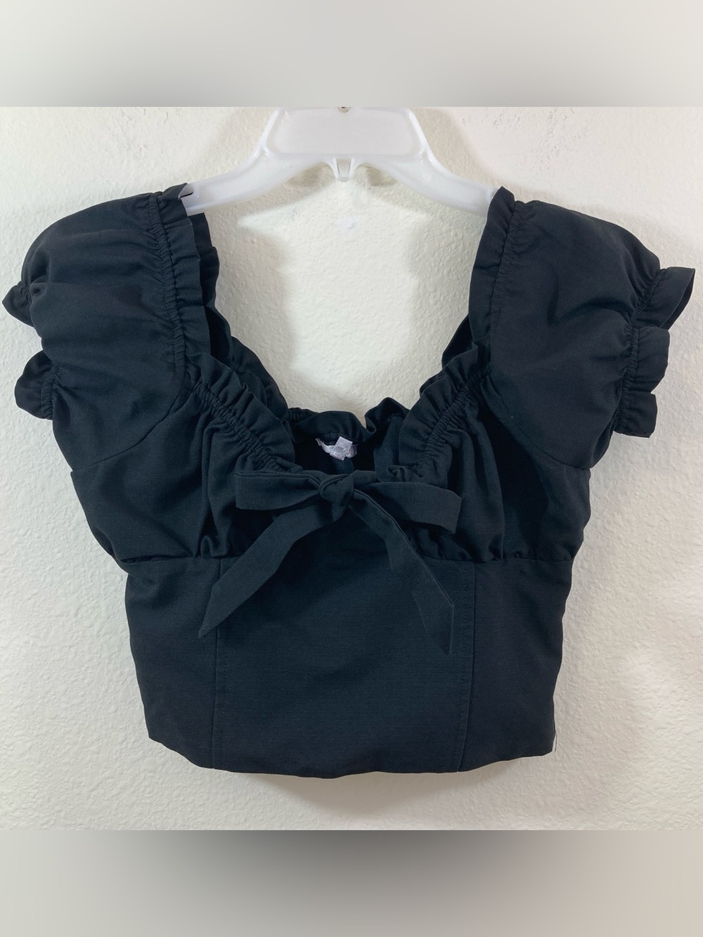 Lottie Moss Black Puff Sleeve Crop Top XS Tie Front Side Zip